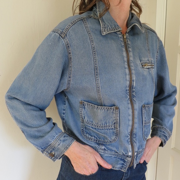 Vintage 1990s Blue Denim Jean Jacket Size M pockets zipper - Picture 4 of 13